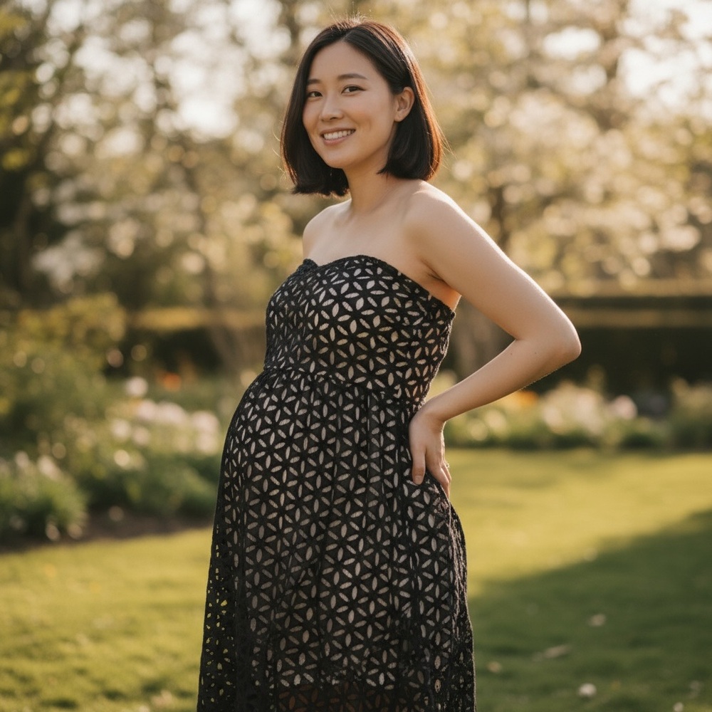 Motherhood Maternity Black Geometric Lace Knee Length Strapless Dress Size M - Picture 2 of 10